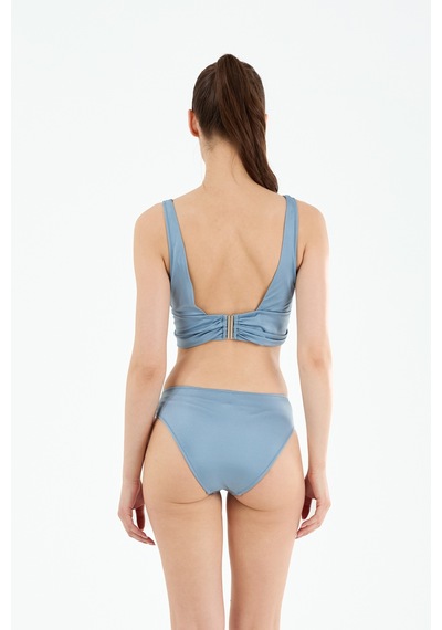 Louren Kadın Mavi Düz Boncuk Aksesuarlı Çıkarılabilir İnce Kaplı Üçgen Bikini Takımı Mavi
