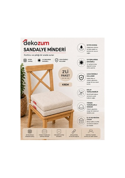 Comfort Plus Sandalye Koltuk Minderi 40x40 Bağcıklı Fermuarlı Yıkanabilir Balkon Bahçe Minderi 4 Lü Krem 4 Lü