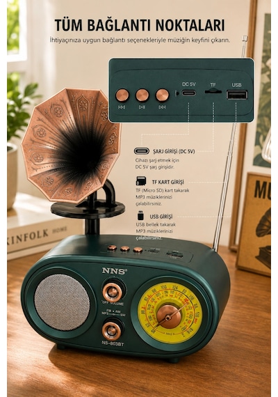 Nns Ns-803bt Yeşil Retro Radyo Bluetooth Hoparlör Usb Tf Kart Şarjlı Nostaljik Radyo
