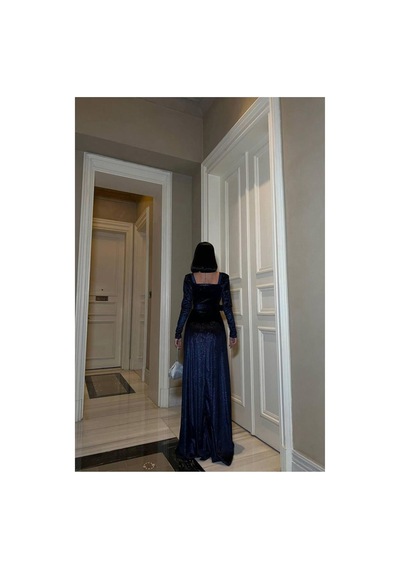 Lior Design Kadın Minimal Tasarım Kare Yaka Kemerli Uzun Kollu Abiye Elbise Lacivert