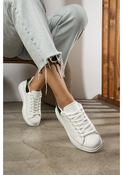 Shoetek Dukine Kadın Sneakers Bağcıklı Arka Helogramlı Beyaz&yeşil Deri Beyaz