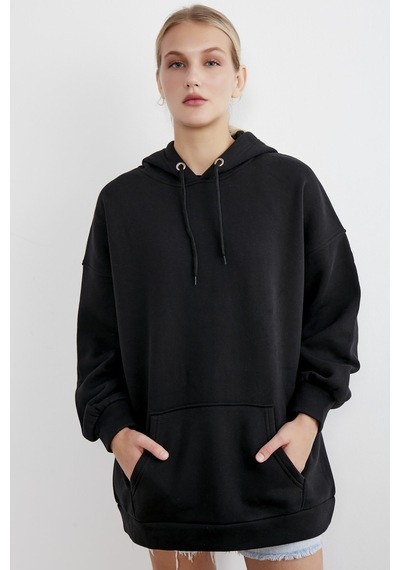 Meecy Kadın Siyah Kapüşonlu Kanguru Cepli Sweatshirt Siyah Siyah