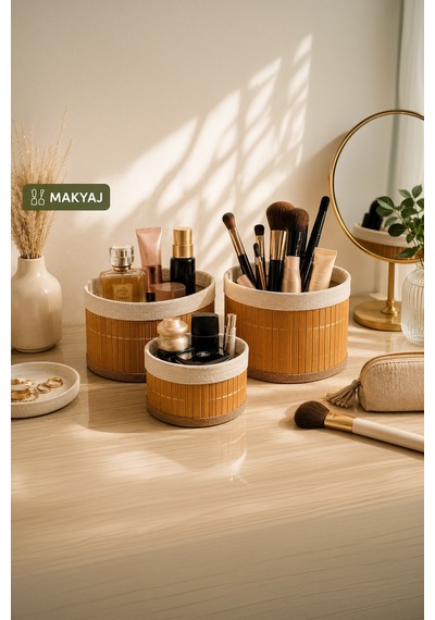 Porsima Pbt-598 3lü Hasır Sepet Kapaklı Yuvarlak Bambu Sepet Seti Dekoratif Banyo Mutfak Düzenleyici Organizeri