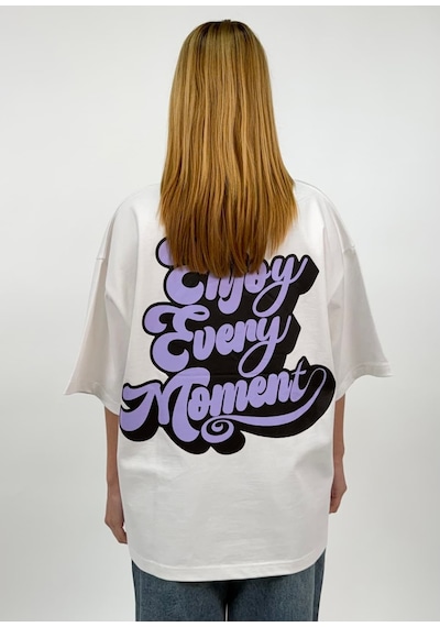 Zaee Enjoy Every Moment Baskılı Oversize Tişört Beyaz