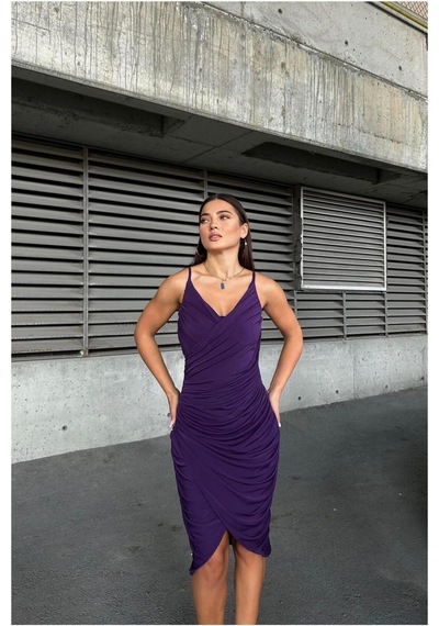 DefyModa Kadın Esnek Sandy Kumaş V Yaka Büzgülü Abiye Elbise Mor