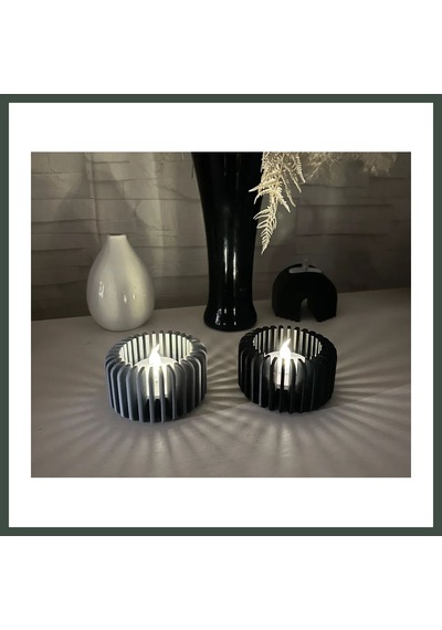Bezos 3d Baskı Modern Çizgili Mumluk - Tealight Mumluk 1 Adet -gri Nhr