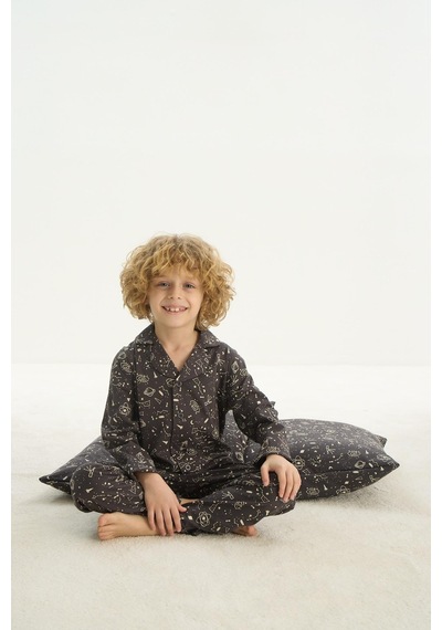 Sevim Erkek Çocuk Uzun Kol Önden Düğmeli Füme Pijama Takım C5t1n7o8 001