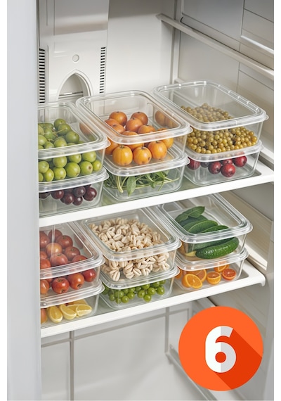 Buzdolabı Saklama Organizer, Kendinden Kapaklı, Mikrodalga Ve Buzluğa Uygun, 6 Adet 1350ml Beyaz