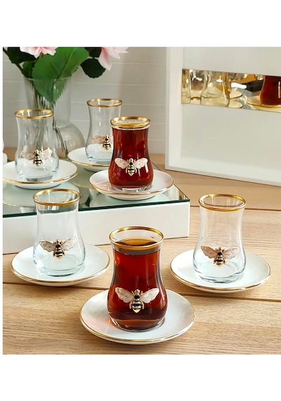 Queen Bee 12 Parça Çay Takımı 6 Kişilik Cam - Porselen Çay Seti Arı Desenli Şık Sunum Takımı Şeffaf