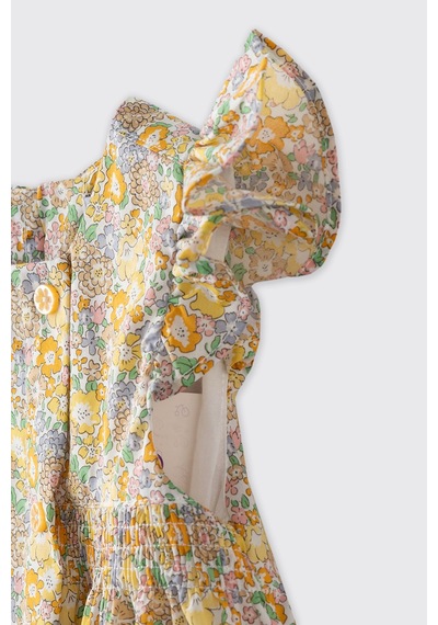 Made With Liberty Fabric Liberty Kumaş Çiçek Desenli Yenidoğan Elbise Sarı