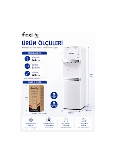Maxilife PS-SLR-210 Aqua Kompresörlü Su Sebili Sıcak Soğuk Normal Su Alt Dolaplı 3 Musluklu Su Sebili Beyaz