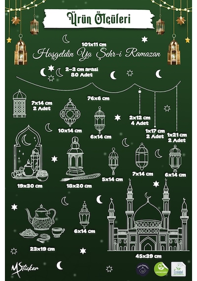 Ramazan Cam Sticker Seti Hoşgeldin Ya Şehr-i Ramazan Yazılı, Çift Taraflı Şeffaf Pencere Süsü Dijital Baskı
