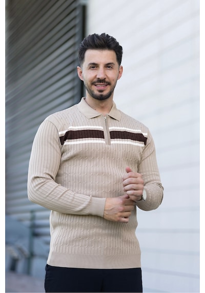 Hk Premium Kazak Polo Yaka Fermuarlı Şerit Detaylı Triko Bej