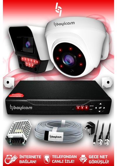 Bayicam 2 Kameralı Süper 1 İç Kamera Set HDD'siz 5 MP 2K Net Gece Görüşlü Güvenlik Kamerası Sistemi