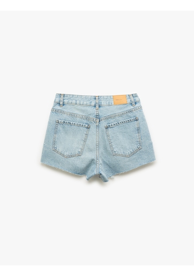 Koton Yüksek Bel Rahat Kesim Pamuklu Yırtık Mini Denim Şort Orta İndigo 5sal40003md Indigo