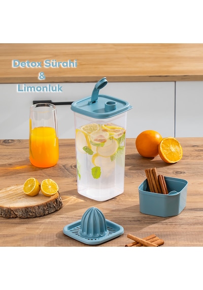 Porsima 1110 Detoks Sürahi & Limonluklu Matara Şeffaf-mavi 2 Lt