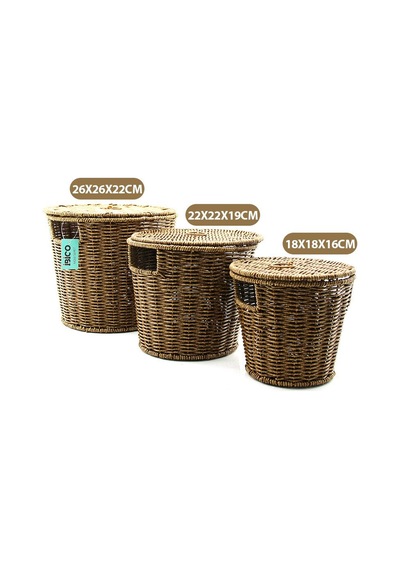 İbico İ22-337 Yuvarlak Hasır Organizer Sepet 3'lü Set - Metal İskeletli Kapaklı 22x22x18 Cm- 12'li Paket