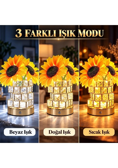 Valkyrie Kristal Cam Ayçiçekli Şarjlı Dekoratif Masa Lambası 4000 Mah Dokunmatik 3 Işık Modlu Sarı