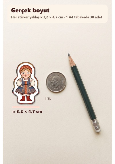 30 Adet Folklorik Matruşka Bebek Sticker Seti - Laptop, Defter, Ajanda Çok Renkli