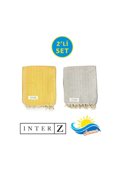2'li Set Peştemal Plaj Havlusu , %100 Pamuk , Xxl 100x180cm, Marmaris, Bal Sarısı-gri