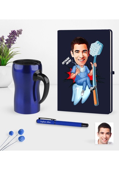 Kişiye Özel Bay Diş Hekimi Karikatürlü Lacivert Defter Kalem Termos Mug Seti - 2