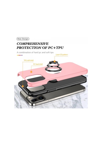 Apple Uyumlu iPhone 13 Pro Kılıf Elit Yüzüklü Kapak Pembe/