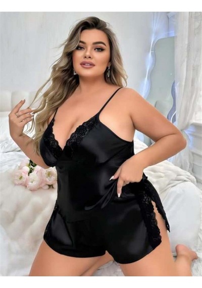 Lisinya Closet Büyük Beden Siyah Yırtmaç Dantel İşlemeli Saten Şortlu Takım Siyah