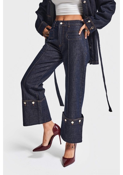 it's basic Kadın İndigo Renk 7w5-50 Crop Straight Fit Paça Detaylı Tasarım Denim Jean