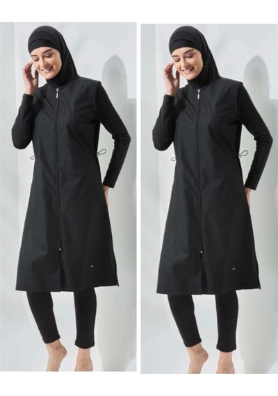Seamay Allsea 3075 Siyah 2 Li Kollar Lycralı Tam Boy Tesettür Mayo