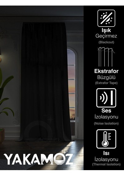Yüksek Kalite Siyah Karartma Blackout Fon Perde Ekstrafor Büzgülü Tek Kanat Dark Touch Serisi Siyah