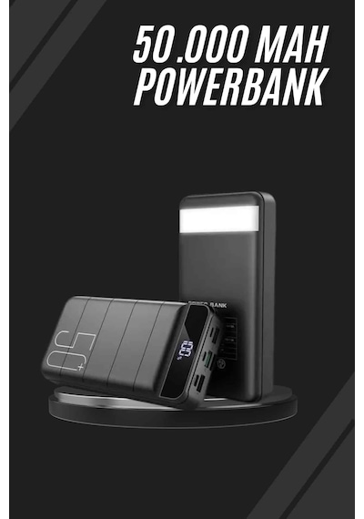Taşınabilir Powerbank 50.000 Mah 4 Girişli Hızlı Şarj Led Göstergeli Fenerli Şarj Sarı