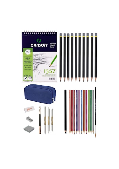 Canson 1557 Eskiz Defterli Karakalem Ve Derwent Watercolor Kuruboya Kalemi Çizim Eskiz Seti