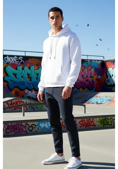 Benerly Erkek Kapüşonlu Düşük Kol Uzun Kollu Oversize Kalıp Sweatshirt Fo beyaz