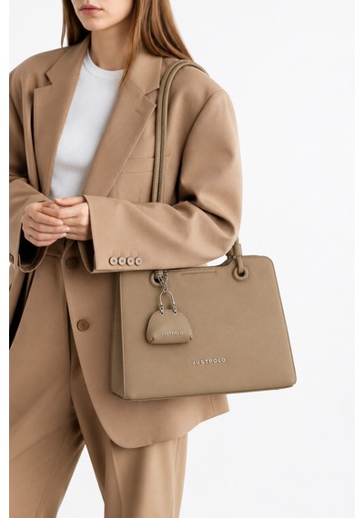 Just Polo Kadın Yeni Sezon Büyük Boy Aksesuar Detaylı Günlük Şık Kol Çantası Shopper Vizon