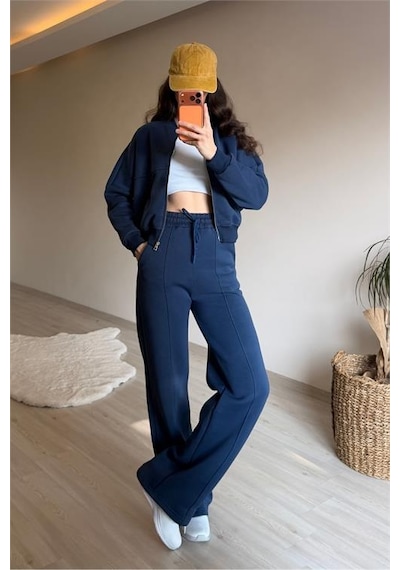 Neşeli Butik Kadın Oversize 3 İplik Cepli Eşofman Takımı Nm029 Lacivert