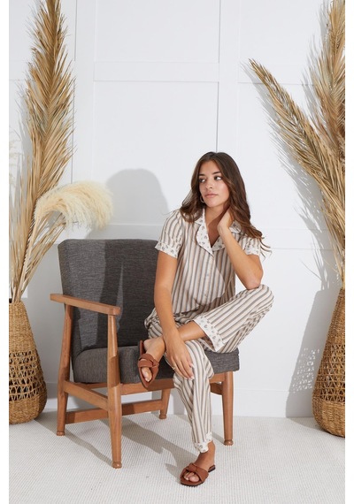 Sevim Kadın Kısa Kol Gömlek Yaka Önden Düğmeli Bej Pijama Takım C9t2n551 001