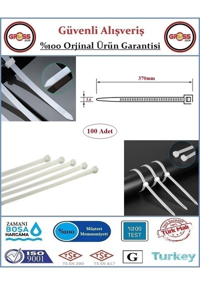 Cırt Kelepçe - Kablo Bağı - 3.6x370mm Beyaz - 100 Adet