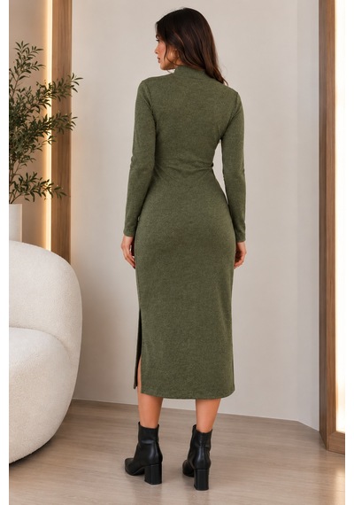 Gül&can Butik Haki Yeşili Desenli Triko Elbise Haki