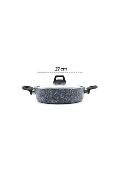 Gri 7 Parça Granit Tencere - Tava Seti 20-24cm Derin - 27cm Basık Cam Kapak Tencere - 26cm Tava Çok Renkli