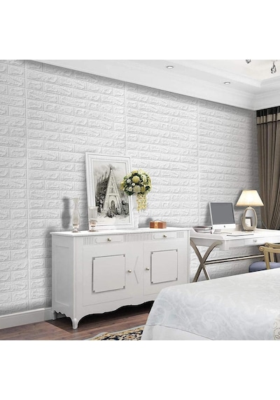 70x77 Cm 6 Adet Ekoslim 2mm Kendinden Yapışkanlı Sünger Beyaz Tuğla Duvar Paneli Kağıdı