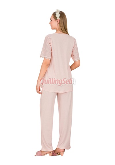 Lady Bebe Pembe Renkli Dantel Detaylı 33206 Kısa Kol 2 Parça Lohusa Hamile Pijama Takımı Açık Pembe