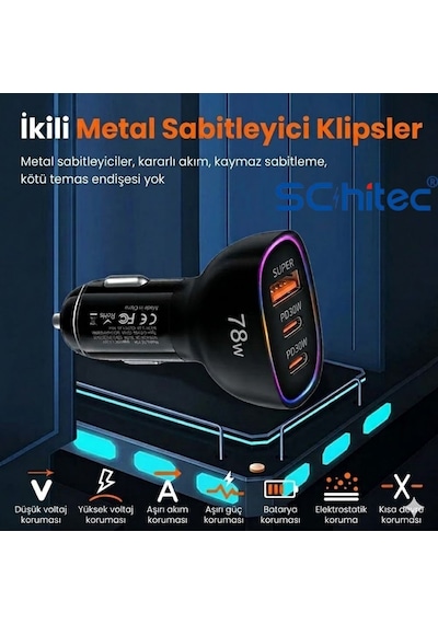 Schitec 78w 3 Portlu Araç Şarj Aleti Çift Type-c Pd 30w + Usb Qc 3.0 Hızlı Şarj Rgb Işıklı Hg/cc-10