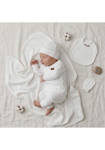 İmaj Bebe İmajbebe Fitilli Ribana Battaniyeli Yeni Doğan Hastane Çıkışı - 7'li Unisex Bebek Seti Beyaz