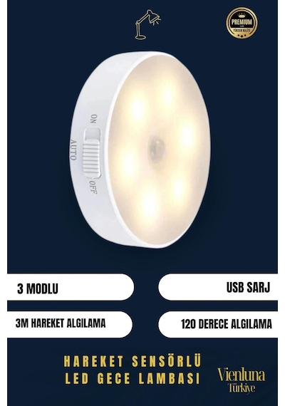 Premium Üretim 3 Mod Beyaz Işık Hareket Sensörlü 8 Ledli Usb Pratik Şarjlı Gece Lambası Çok Renkli