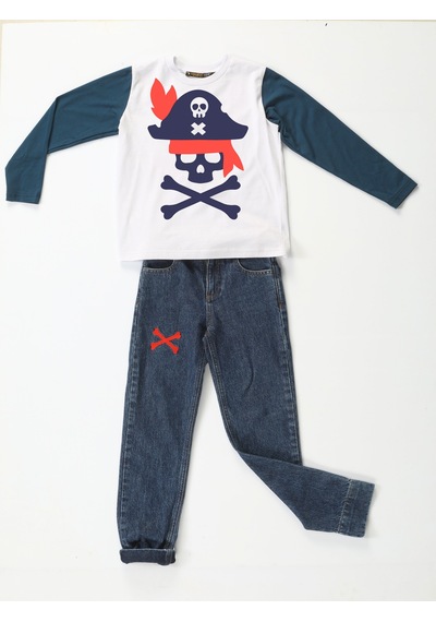 Casabony Korsan Denim Pantolon + T-Shirt Takım-Indigo - Beyaz İndigo - Beyaz