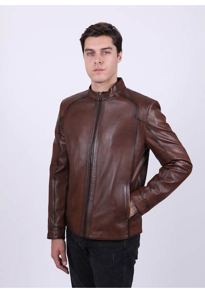 New Zaya Leather Erkek Açık Kahverengi Hakiki Deri Ceket-Altın (466895350) Altın