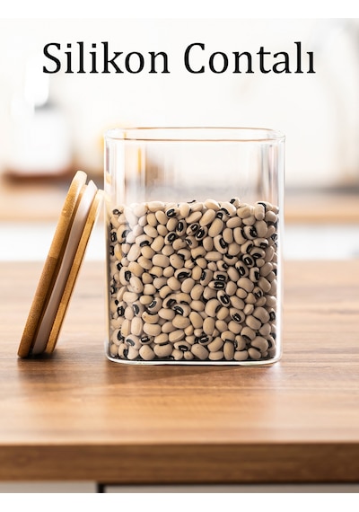Porsima 5-3 Bambu Vakumlu Kapaklı Kare Borsilikat Cam 3lü Kavanoz Seti Saklama Kabı 750ml 7,5x15cm Ahşap - Şeffaf