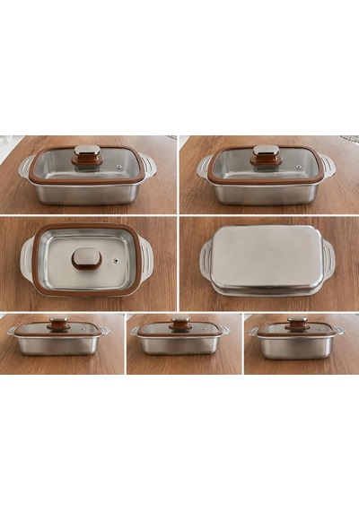 Viracasa 3'lü Cam Kapaklı Çelik Fırın Kabı Seti Borcam Fırın Tepsisi 33x19 35x21 41x24 Cm Diğer