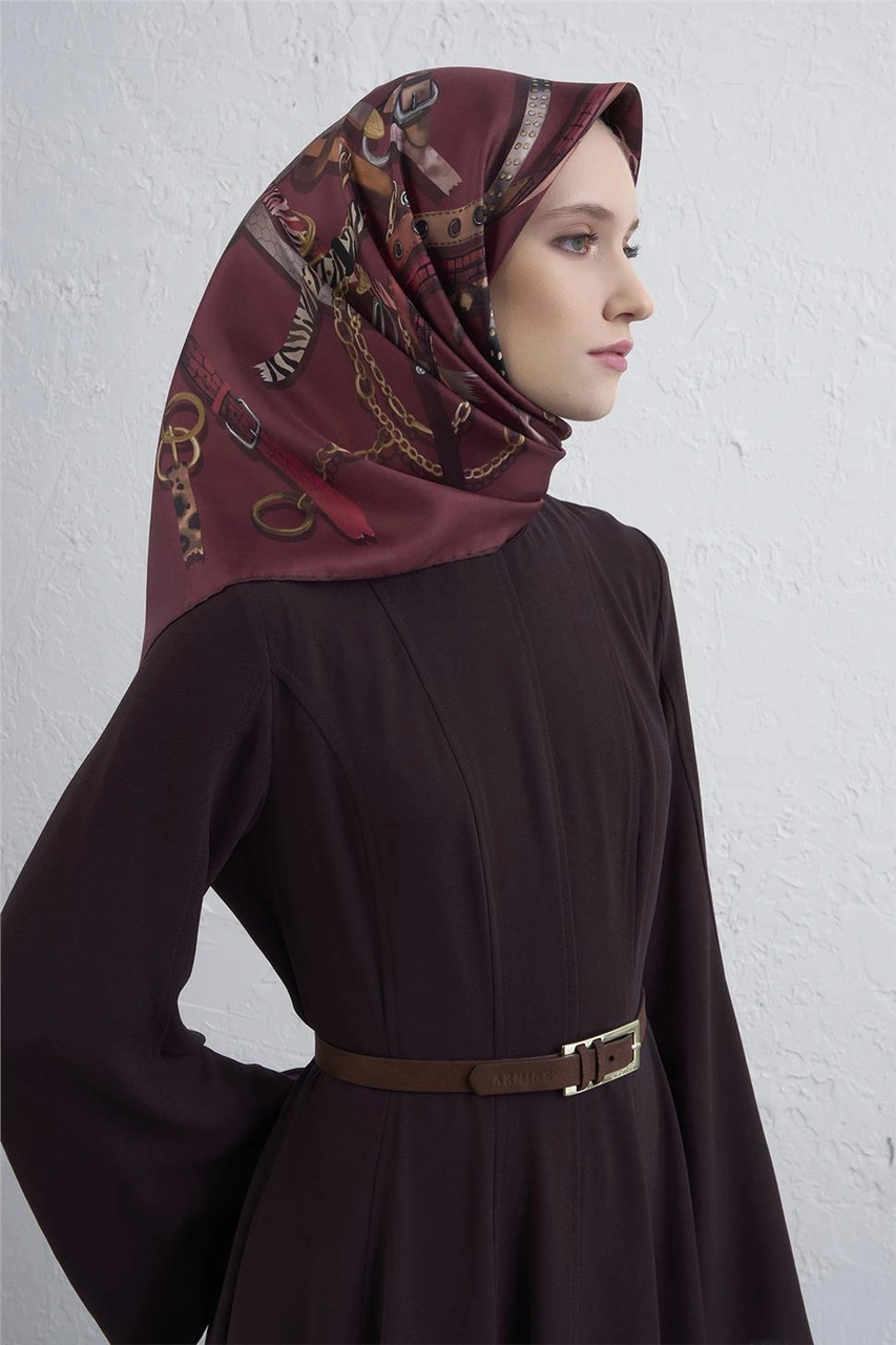 Armine Obje Desenli Saf İpek Twill Eşarp 9422d 08 Bordo