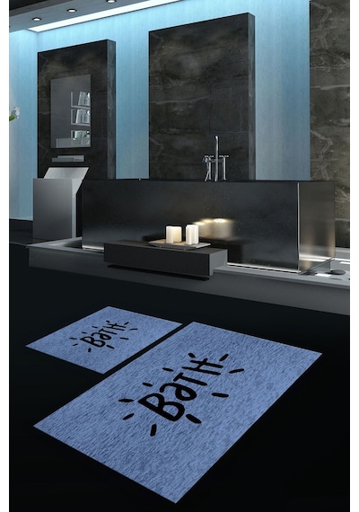 Buççin Online Mağaza Dijital Baskılı Kaymaz Yıkanabilir Bath İkili Banyo Takımı Klozet Takımı Polyester Mavi Çok Renkli